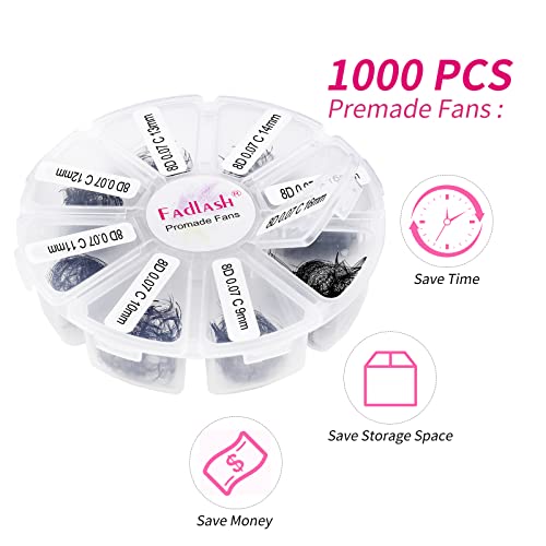 Premade Fans Eyelash Extensions 1000pcs Promades Eyelash Volume Lash Extensions Pointed Base Loose Fans Premade Lash Extensions Fans Handmade Pre Made Volume Lashes Mix (8D-0.07C, 9-16mm)