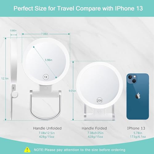 B Beauty Planet Magnifying Mirror with Light 20X/1X,Double Sided Tabletop Mirror with Adjustable Folding Handle,Cosmetic Mirror for Makeup/Travel, Tweezing, and Blackhead/Blemish Removal.