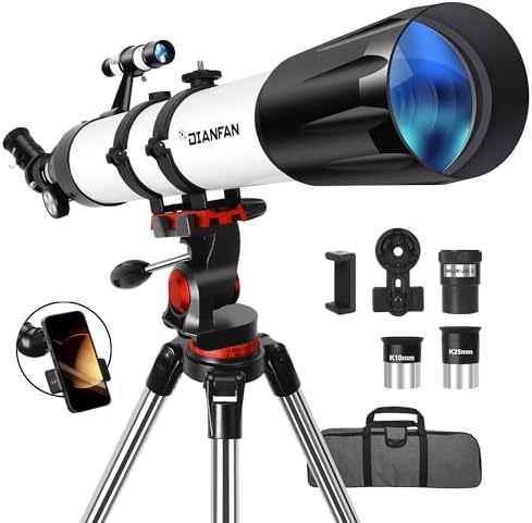 Dianfan Telescope,90mm Aperture 800mm Telescopes for Adults Astronomy,Portable Professional Refractor Telescope for Beginners,with Stainless Tripod & Phone Adapter,Carry Bag