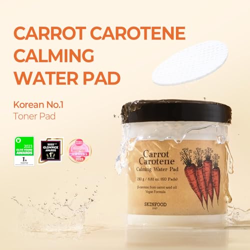 SKINFOOD Carrot Carotene Calming Water Pad 250g (8.81 oz.) 60 Sheets- Redness Relief Soothing Facial Toner Pads for Sensitive Skin