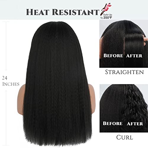 Kinky Straight Headband Wig, Soft & Natural as Human Hair, Glueless Headband Wigs for Black Women, Long Black Italian Yaki Synthetic Half Wig (1B Natural Black, 24 Inch)