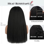 Kinky Straight Headband Wig, Soft & Natural as Human Hair, Glueless Headband Wigs for Black Women, Long Black Italian Yaki Synthetic Half Wig (1B Natural Black, 24 Inch)