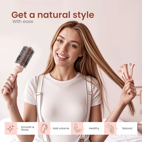 AIMIKE Round Brush for Blow Out, Rose Luxe Round Hair Brush w/Nano Thermal Ceramic Tech, Medium Round Brush for Blow Drying, Curling, Styling and Shine, 43 mm/ 1.7 Inch Barrel Brush with 4 Clips