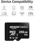Amazon Basics Micro SDXC Memory Card with Full Size Adapter, A2, U3, Read Speed up to 100 MB/s, 256 GB, Black