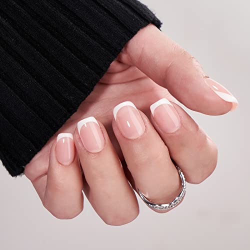 BTArtbox French Tip Press on Nails - Gel Press on Nails Short, No Fade Out Fake Nails with Nail Glue, Seamless Fit Glue on Nails in 15 Sizes Nail Kit for Valentine's Day Gift, Classic White