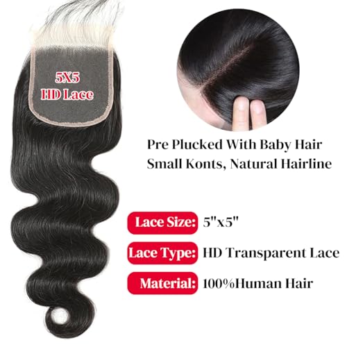 12A Human Hair Bundles 3 Bundles With Closure Body Wave Bundles Human Hair 100% Unprocessed Brazilian Virgin Hair Bundles Human Hair Extensions Quick Weave Bundles Human Hair Natural Black 24 26 28+22