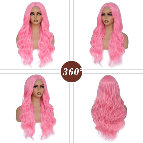 Long Wavy Pink Wig for Women 26 Inch Middle Part Pink Curly Wavy Wig Natural Looking Synthetic Heat Resistant Fiber Wig for Daily Halloween Cosplay Party Use (26 Inch, Pink)