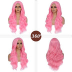 Long Wavy Pink Wig for Women 26 Inch Middle Part Pink Curly Wavy Wig Natural Looking Synthetic Heat Resistant Fiber Wig for Daily Halloween Cosplay Party Use (26 Inch, Pink)