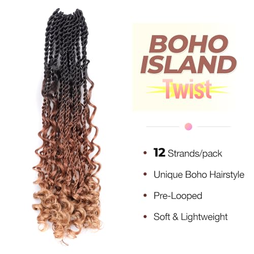 ToyoTress Boho Island Twist Crochet Hair - 12 Inch 8 Packs Long Ombre Brown 3 Tones Boho Havana Twist Crochet Braids Synthetic Braiding Hair (18 Inch,OT30/27-8P)