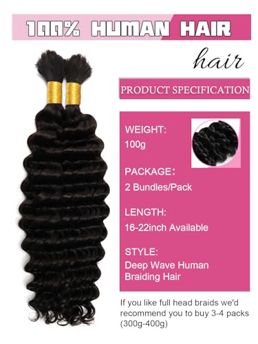 Human Braiding Hair 3 Bundles/Pack 300g 22 Inch *3 Deep Wave Curly Bulk 100% Human Hair for Braiding No Weft 10A Brazilian Virgin Human Hair Extensions for Boho Braids Natural Black Wet and Wavy