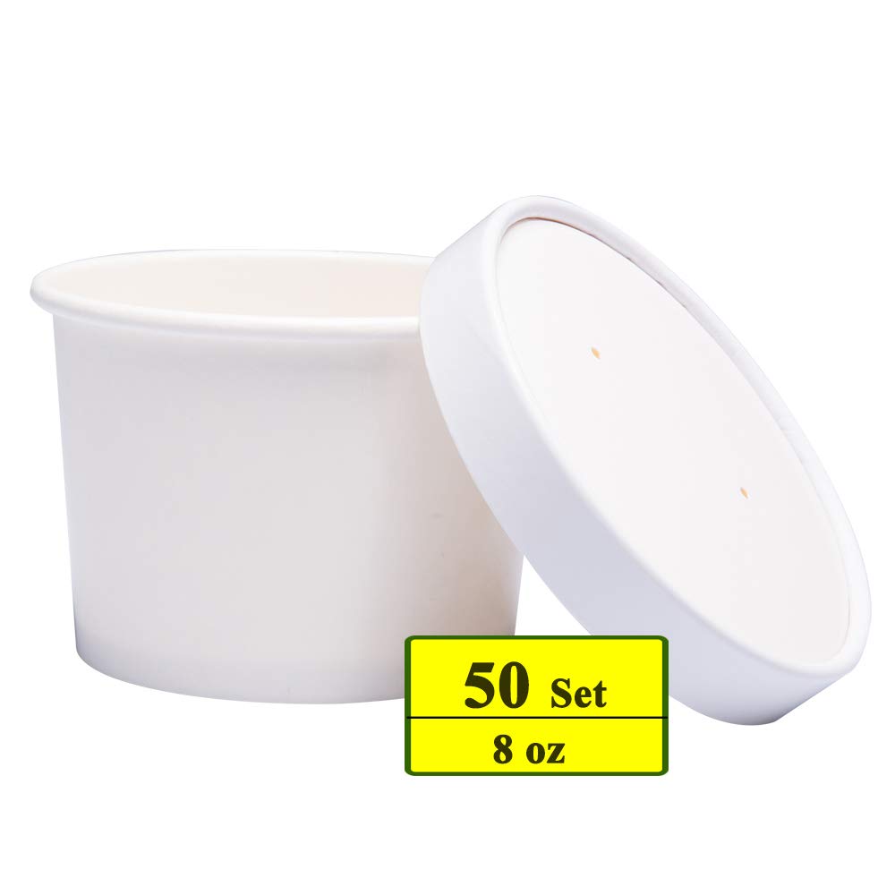 Belinlen 50 SET 8 OZ Disposable White Ice Cream Cups with Lids Medium Hot and Cold To Go Cups Paper Cup Takeout Food Container