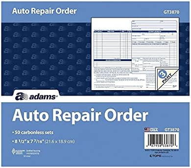 Adams Auto Repair & Sales Order Forms - 50-Pack Carbonless Multi-Part Order & Repair Books