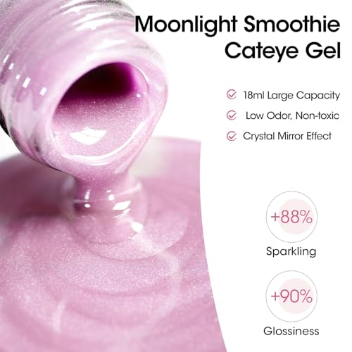 Gellen Cat Eye Gel Nail Polish 18ml, Moonlight High Gloss Gel Polish with Magnet, Silk Smoothie Holographic Gel Polish, Ceramic Cateye Magnetic Soak Off UV Gel Polish, Nail Art Manicure Salon