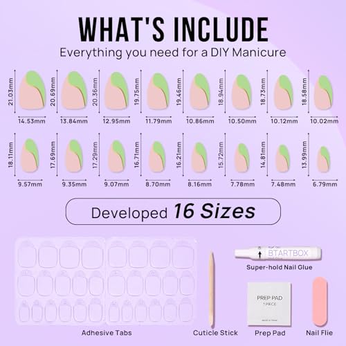 BTArtbox Press On Nails Almond -Short Designed Press On Nails with Gold Foil, Natural Nail Tips, Glue On Nails for Gifts, Stick On Nails in 16 Sizes - 30 Nail Kit, Scenery
