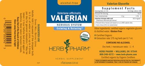 Herb Pharm Certified Organic Valerian Root Liquid Extract for Relaxation and Restful Sleep, Alcohol-Free Glycerite, 4 Ounce