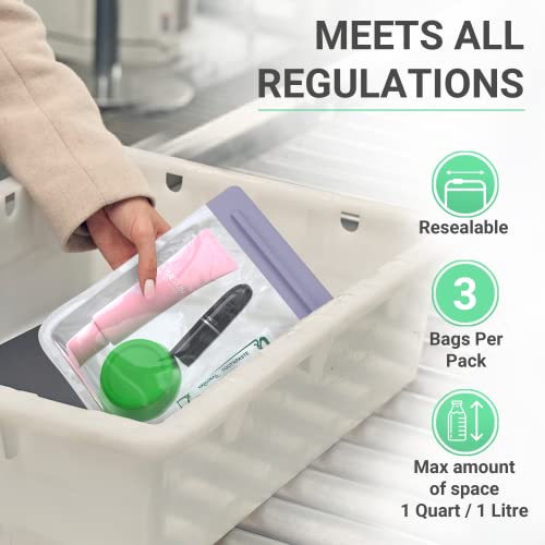 3pcs - TSA Approved Toiletry Bag - Our Quart Size Clear Toiletry Bags are Security Approved Worldwide for Liquids & Cosmetics - 100% 3-1-1 Compliant Clear Travel Bags for Toiletries Violet