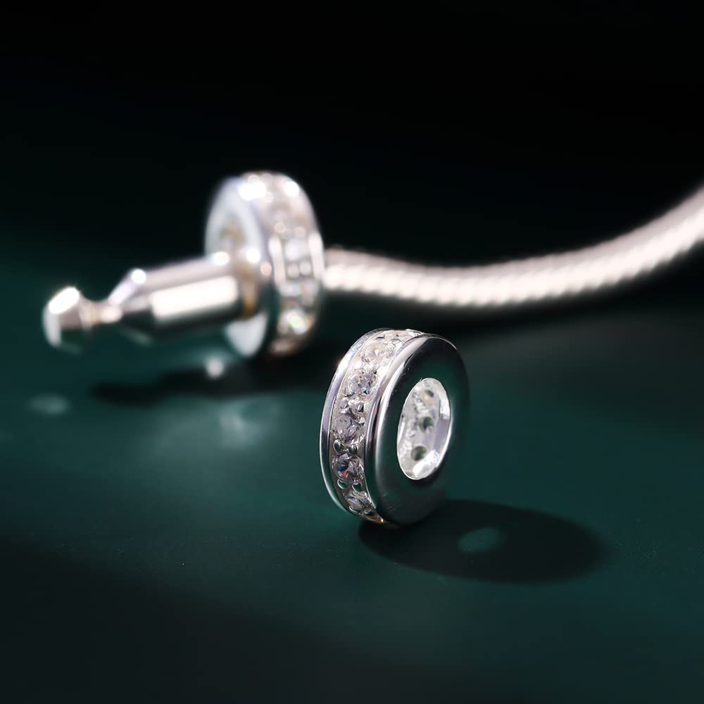 925 Sterling Silver Spacer Charm Bead for Pandora Charms Bracelets (4pcs Clear CZ Stoppers)