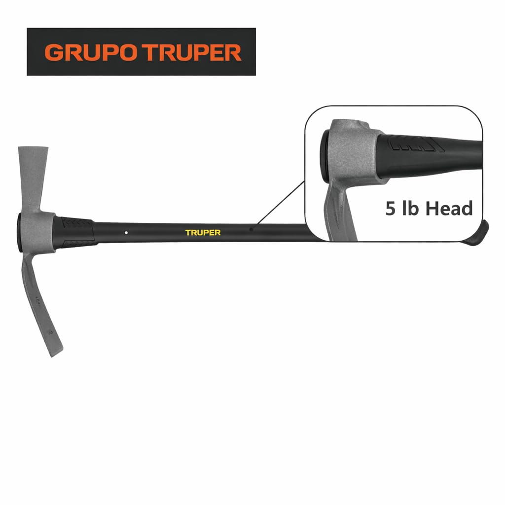 Truper 5 lb Cutter Mattock, 36-Inch Heavy-Duty Fiberglass Handle with Shock-Absorbing Grip, Forged Steel Dual-Head Digging and Root Cutting Tool (Model TH-5F / 31638)
