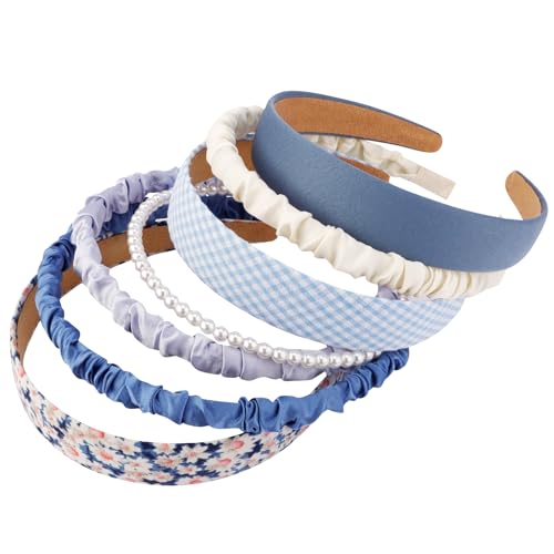VELSCRUN 7 Pcs Different Headbands for Women Fashion Blue Solid Head Bands Pearl Headband Non Slip Hair Band for Womens Thin Thick Short Hair Face Wash Hair Accessories Gifts for Women Gilrs