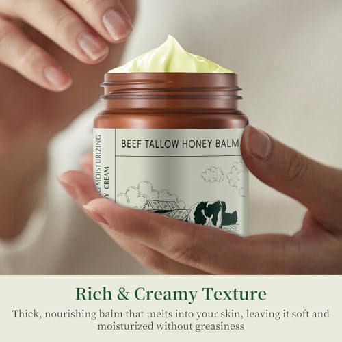 Beef Tallow for Skin, Beef Tallow and Honey Balm for Face and Body, Unscented Face Moisturizer, Deep Hydration & Sensitive Skin Care, 4.23oz