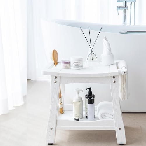 Y&M 2-Tier Bathroom Bench Shower with Waterproof Storage Shelf, HDPE Towel & Shower Head Shelves Curved Seat, Small Tub Chair for Shaving Legs Foot Stool, Bath, Spa, Indoor or Outdoor Use, White