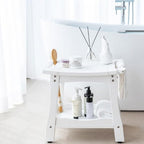 Y&M 2-Tier Bathroom Bench Shower with Waterproof Storage Shelf, HDPE Towel & Shower Head Shelves Curved Seat, Small Tub Chair for Shaving Legs Foot Stool, Bath, Spa, Indoor or Outdoor Use, White