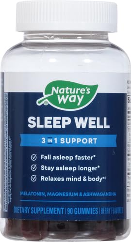 Nature's Way Sleep Well Melatonin and Magnesium Gummies,Sleep Support for Adults*,with Ashwagandha,Berry Flavored,90 Gummies,(Pack of 2)