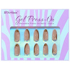 BTArtbox Press On Nails Almond - Glue On Nails Medium with 3D Sculpting Metallic Design, Supremely Fit & Glossy Fake Nails in 15 Sizes, Amber