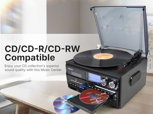 Victor VWRP-4200 Cosmopolitan 8-in-1 Turntable Music Center with 3-Speed Record Player, CD/MP3/Cassette Player, AM/FM Radio, Dual Bluetooth in & Out, USB Playback & Recording