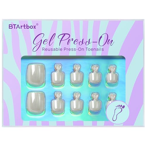 BTArtbox Press on Toenails Short, White Chrome Toenail Press Ons Square for Women, Light Weight Glazed Press on Toe Nails with Glue, Fake Toenails in 16 Sizes- 32 Toenails Kit, Pearl