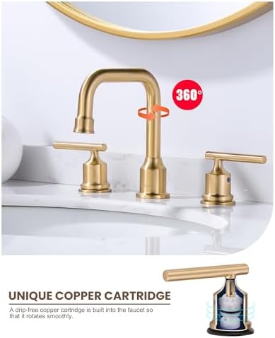 Brushed Gold Bathroom Faucet Set: WOWOW Widespread Bathroom Sink Faucet 3 Hole with Pop-up Drain and Supply Lines, 8 Inch Vanity Taps 3 Pieces Basin Tap 2 Handle Modern (Set of 2)