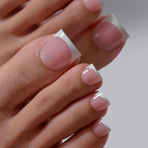 BTArtbox Press On Toenails - Lamp-Curable Real Square Toe Nail Press Ons with Glue for Women, Semi-Transparent French Tip Fake Toe Nail Tips in 15 Sizes - 30 Toenails Kit, Ma'am