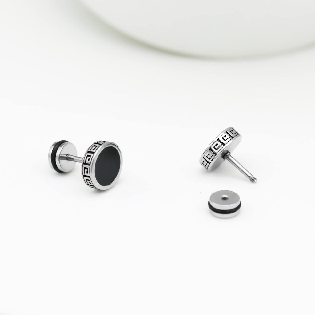 【Hypoallergenic Earrings for Men】-18G Flat Mens Surgical Steel Black Stud Earring 10mm (0.4")-【For Sensitive Skin & New Piercings】 Textured Brick Design Pair 0.28oz Men's jewelry-Para Hombre (Black)