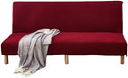 OQHAIR Armless Futon Cover Stretch Jacquard Sofa Slipcover Textured Small Checks Couch Cover Furniture Protector Machine Washable -Wine red-3Seater