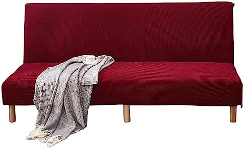 OQHAIR Armless Futon Cover Stretch Jacquard Sofa Slipcover Textured Small Checks Couch Cover Furniture Protector Machine Washable -Wine red-3Seater
