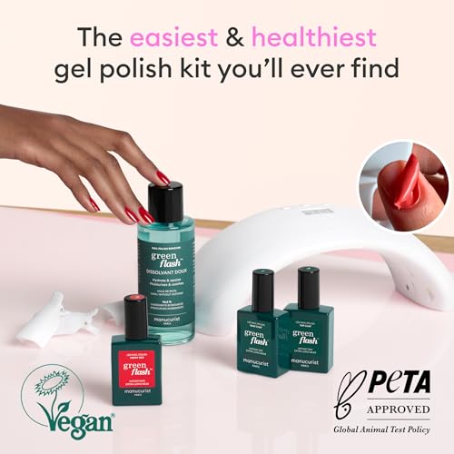 MANUCURIST • Green Flash Premium LED Gel Nail Polish Kit • 36W LED Nail Lamp • Vegan • Base Coat + Top Coat + Poppy Red Polish + Gel Polish Remover + Nail Clips