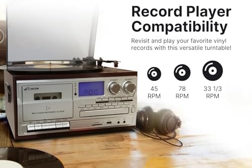 Victor VWRP-4200 Cosmopolitan 8-in-1 Turntable Music Center with 3-Speed Record Player, CD/MP3/Cassette Player, AM/FM Radio, Dual Bluetooth in & Out, USB Playback & Recording
