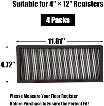 Floor Register Vent Cover- 4"x12" Magnetic Air Vent Screen Mesh Cover, Perfect for Wall/Ceiling/Floor Air Vent Filters (4-Packs)