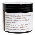 100% Grass Fed Grass Finished Whipped Vanilla Beef Tallow Moisturizer/Body Balm for Face, Body, Oily, Dry, Sensitive Skin -Contains Vitamins A, D, E, K -USA Made