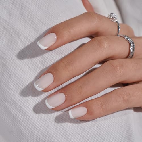BTArtbox French Tip Press On Nails - Short Press on Nails Square, Glue On Nails for Women Gift, Supremely Fit Natural Stick On Nails in 15 Sizes - 30 Fake Nails Kit, Classic French