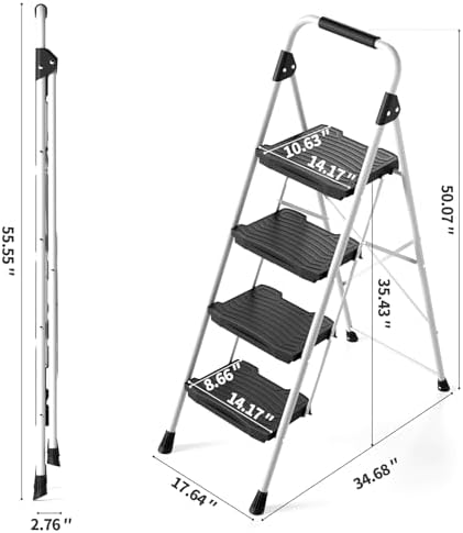 KINGRACK 4 Step Folding Ladder, 900 lbs Load Capacity, Non-Skid Large Pedals, Handrail, Safety Lock, Sturdy Step Stool for Home, Office, Garden, Multi-Purpose, White