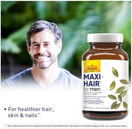 Country Life Maxi-Hair for Men - 2000mcg Biotin, Saw Palmetto, Pumpkin Seed Oil, DIM, Potassium, Magnesium, Calcium & Zinc Blend - Supports Healthier Hair, Scalp, Skin & Nails, 60 Vegan Capsules