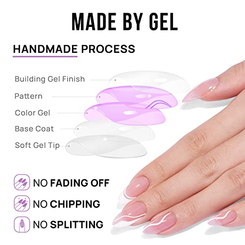 BTArtbox Press On Nails Medium - Soft Gel French Tip Press On Nails, Almond Glue On Nails with Nail Glue, Reusable Stick On Nails in 15 Sizes, White Swirl