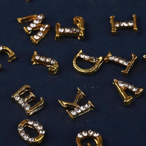 52pcs Gold Letters Nail Charms 3D Alloy English Alphabet Stud Nail Diamonds with Rhinestones Design Letter Capital Nail Gems for Women Girls Acrylic Nails Decoration Supplies Making Crafts