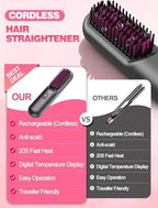 Cordless Hair Straightener Brush for Travel,Mini Hair Straightener Comb with Negative Ion,Portable hot Brush for Women, Rechargeable 9600mAh Battery, Anti-Scald,12 Temp-Setting
