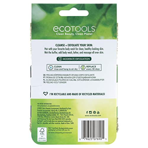 EcoTools Exfoliating Body Buffer, for Body Cleansing, Designed with Strap, Sustainable and Vegan Body Scrubber, 4 Count