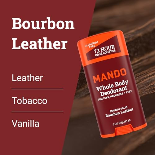Mando Whole Body Deodorant For Men - Smooth Solid Stick - 72 Hour Odor Control - Aluminum Free, Baking Soda Free, Skin Safe - 2.6 Ounce (Pack of 2) - Bourbon Leather