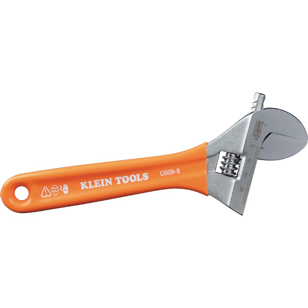 Klein Tools O5098 Adjustable Wrench, Extra-Wide Jaw, Forged Heat-Treated Alloy Steel, SAE and Metric Scales, Plastic-Dipped Handle, 8-Inch