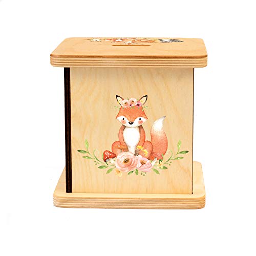 Wooden Piggy Bank for Kids and Adults, Personalized Gift Handmade in USA by BloomOwl, Custom Piggy Bank, Personalized Banks for Kids, Gifts for Baby Boys and Girls (Woodland- Girl)