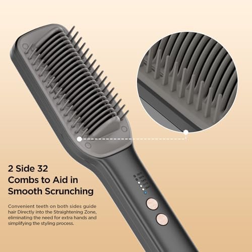 Hair Straightener Brush, Negative Ion Flat Iron & Straightening Comb 2 in 1 with Convenient Comb, Fast Heating, Anti-Scalding, 30s Fast Heating, 5 Temp Settings 284℉ - 392℉ (Gray)